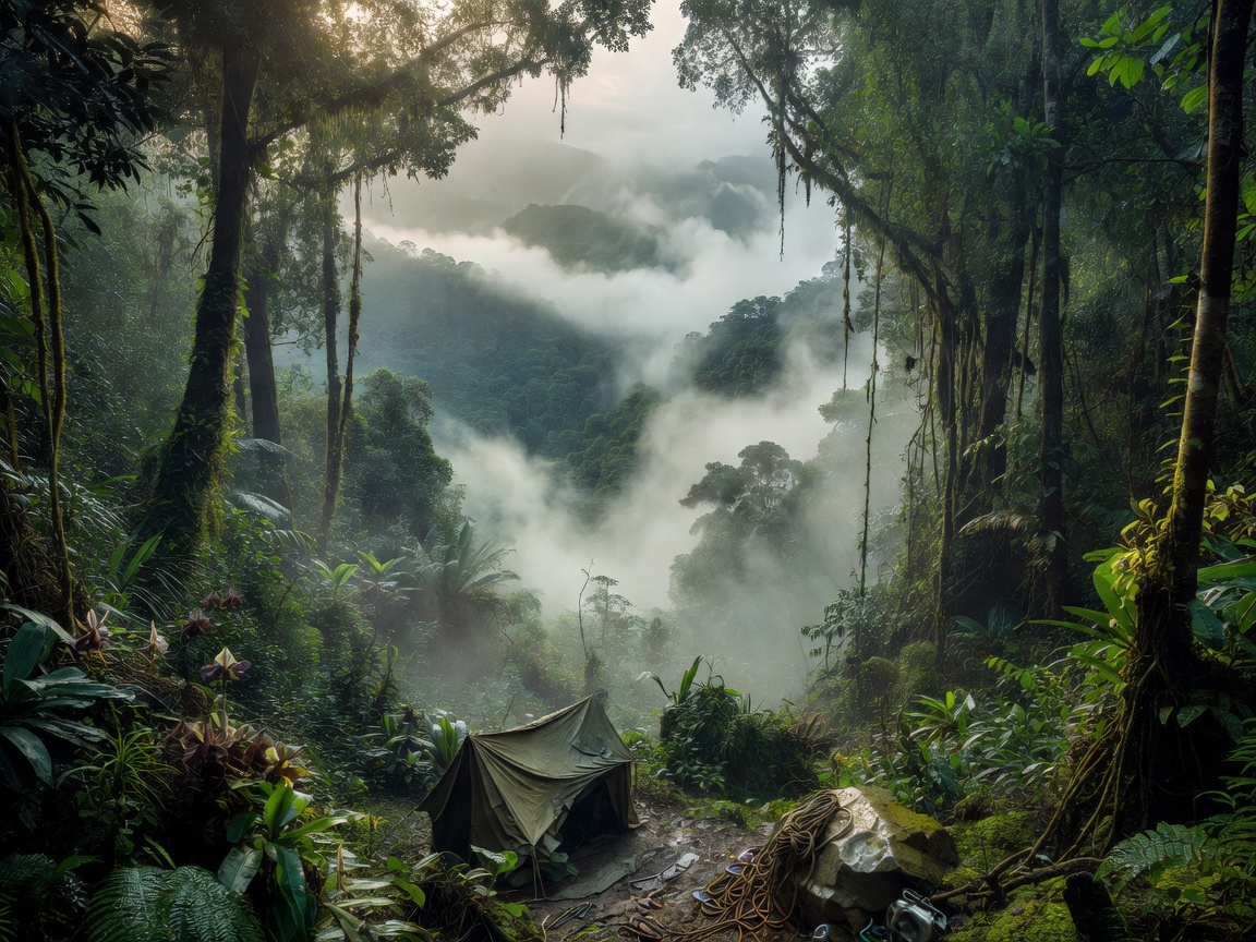 Cinematic misty jungle valley from an expedition viewpoint