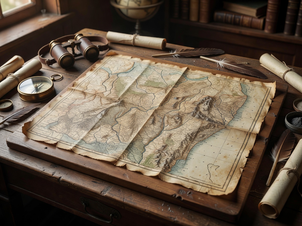 Vintage wooden expedition map on a desk